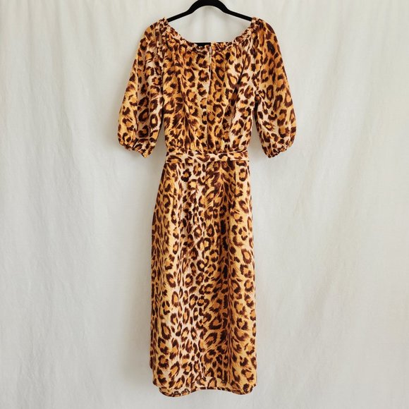KATE SPADE Orange/Brown Leopard Print Off Shoulder Midi Dress Size 14 LIKE NEW! - Picture 2 of 16